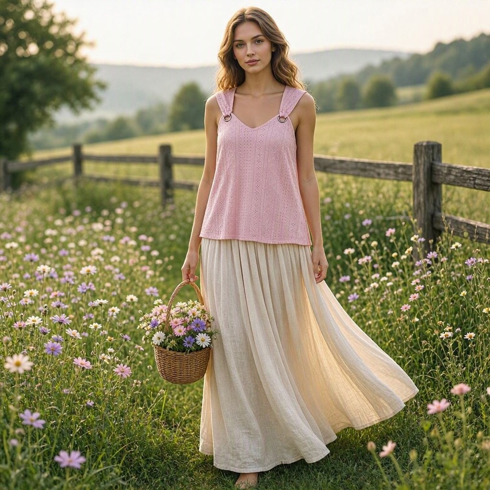Top Cottagecore Eyelet Boho Bohemian Coquette Pointelle O-Ring Tank Pink Size L